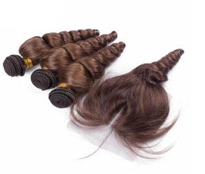 Trama di capelli brasiliani a onda sciolta con chiusura con capelli del bambino Fasci di capelli umani a onda sciolta color cioccolato con chiusura in pizzo 4 pezziLo7921928