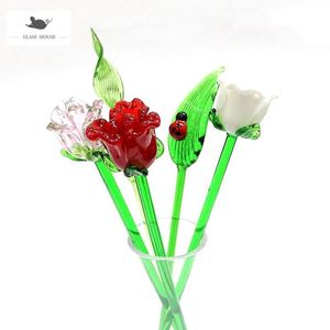ランプワークの手作りアートムラーノガラス花素敵な長い茎ローズオーナメントバレンタインデーホリデーパーティーギフトホーム花瓶DE227E