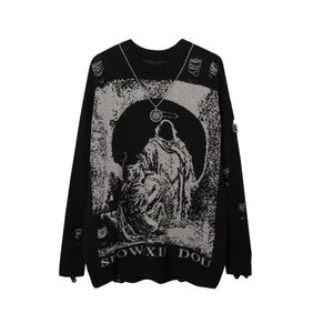 Men039s Sweaters Send Necklace Ripped Oversized Sweaters Frayed Knitted Harajuku Winter Tops Black Gothic Men Y2k Grunge Women 1107741