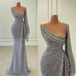 Cinza sereia vestidos de noite elegante glitter lantejoulas vestido de baile plissados sem alças vestidos longos para ocasiões especiais vestidos de noite divididos