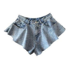 Shorts jeans irregular para mulheres, verão 2021, pista de cintura alta, mini sexy, micro azul, saias femininas com bolsos3884251