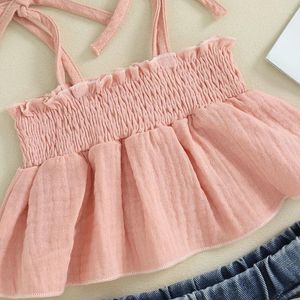 Kläduppsättningar Småbarn Kids Baby Girl T-shirt Top Denim Jeans Shorts Set Tie-Up Pleated Camisole Ripped Summer 2-Piece Outfit