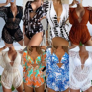 2024 Top quatily Long sleeved Mesh Waist Bodysuit High Waist Printed Drawstring European and American Three Piece Bikini Set