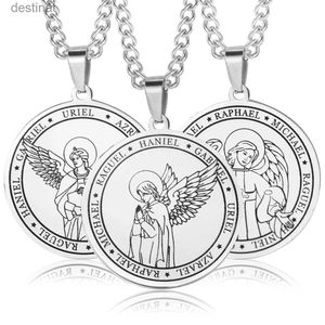 Pendant Necklaces 7 Archangel Gabriel Raphael Magic Circle Round Pendants Necklace Angle Wings Amulet Stainless Steel Pendants Jewelry AccessoriesL242313