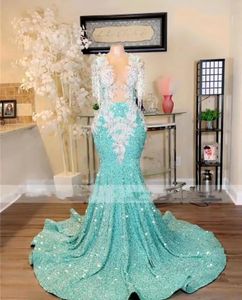 Gorgeous Green Mermaid Prom Dresses With White Appliques Bling Sequins Beads Tassel Evening Gowns 2024 New Black Girls Party Wears BC18370