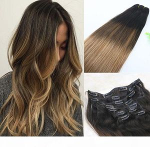 2 6 18 Clip In Human Hair Extensions Balayage Ombre Medium Brown With Ash Blonde Balayage Highlights 120gram 7Pieces2630249