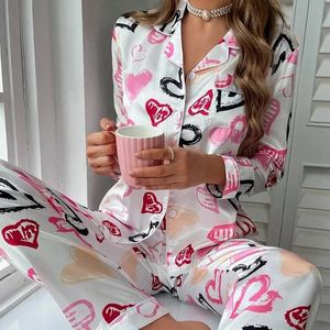 Kadınlar Bahar Pijamaları Kalp Baskı Pijama Set düğmesi Up Pantolonlu Uzun Kollu Üst Pijama Setleri Kadın Slainmess Geylik PJS 240226