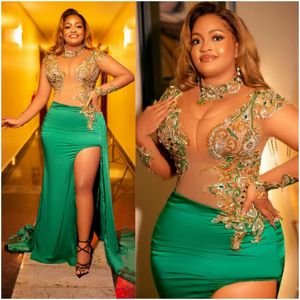 2024 African Plus Size Prom Dresses for Black Women Illusion Evening Dresses Mermaid High Neck Long Sleeves Sexy Slit Beaded Formal Gowns For Birthday Party AM517