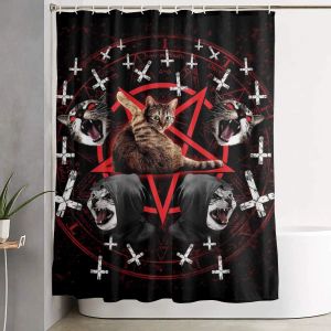 Crafts Satanic Cat Pentagram Death Black Metal Durable Bathroom Curtains Waterproof Polyester Fabric Shower Curtains with 12 Hooks