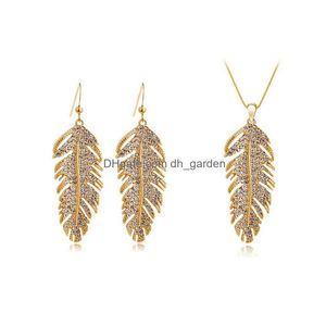 Pendant Necklaces Handmade Austria Crystal Love Wings Pendants Link Chain Necklace Earring For Women Fashion Feather Leaf Shining Vale Dh7Bw