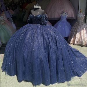 Navy Blue Quinceanera Dresses Ball Gown With Beaded Appliques Off Shoulder Sweet 16 Dress Lace Up Vestidos De 15 Anos