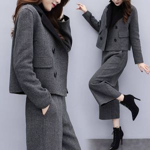 New women's spring and autumn two-piece jumpsuit, herringbone pattern woolen jacket, wide leg pants, fashionable set