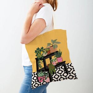 Shopping Bags Fashion Vase Monstera Aloe Bonsai Women Double Print Casual Shopper Bag Lady Canvas Tote Leaf Travel Handbags