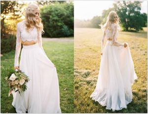 Wiejskie sukienki ślubne dwuczęściowe koronkowe szyfonowe sukienki ślubne plażowe Sheer szyja Piękna bohemijska suknia ślubna z długim rękawem 3551594