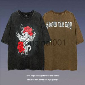 Mens T-shirts TKPA high street gothic vintage rose wash made old short sleeve T-shirt men and women hip-hop trend Y2K