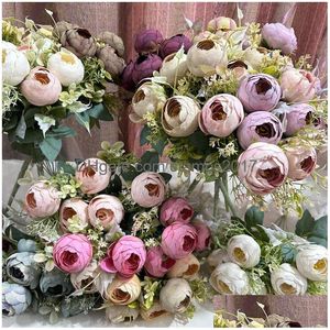 Flores decorativas grinaldas 7 garfos chá rosa artificial casa decorações de festa de casamento simation rosas flor falsa diy decoração gota de dhqlu