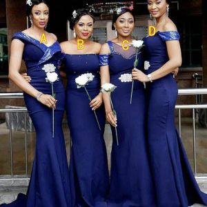 2024 Navy Blue 4 Styles Bridesmaid Dresses Sexy Off Shoulder Mermaid Satin Maid Of Honor Gowns Floor Length Wedding Guest Formal Party Dress