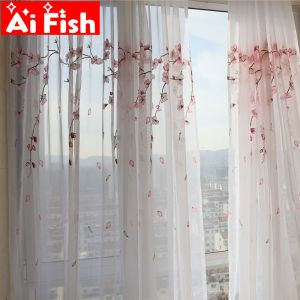 Curtains Pink Plum Blossom Semisun Shade Balcony Partition Decorative Window Screen Tulle Embroidery Curtains For Living Room MY045#50