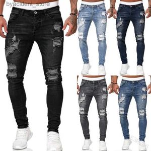 Men's Jeans Men Jeans Knee Hole Ripped Stretch Skinny Denim Pants Solid Color Black Blue Autumn Summer Hip-Hop Style Slim Fit Trousers S-4XL L240313