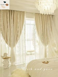 Cortinas de camada dupla com sombreamento para sala de jantar, quarto, peça única, estilo princesa, leite francês, chá, cor ins, fio de renda vermelha