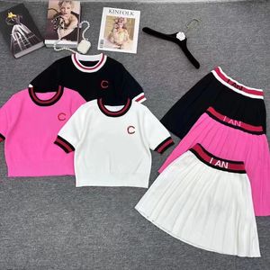 2024 Knitted Women fragrance letter embroidered round neck color-blocking knitted short-sleeved women's top pleated skirt two-piece suit Outfit Elegant Casual Daily