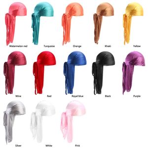 Partihandel Durag Silk Long Tail Scarf Cap Mens Satin Durags Bandanna Turban Wigs Men Silky Durag Headwear Pirate Hat 13 Colors 240311