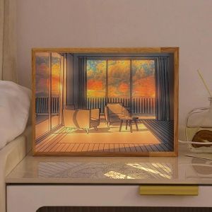 Cornice INS Pittura decorativa con luce Lampada da tavolo con opere d'arte da parete in stile anime giapponese Simulare il disegno di foto del sole Regalo moderno con luce notturna