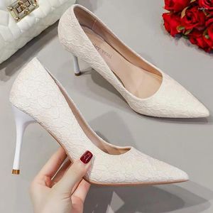 Dress Shoes 6.5cm Fashion Lace Thin High Heels Female Pointed Toe Plus Size Bride Women 41 42 43