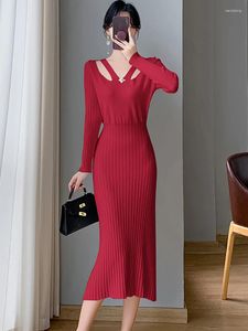 Casual Dresses 2024 Autumn Winter Red Sticked Elegant Sweater Dress Korean Bodycon Chic Hollow V-Neck Sexy Wommen Fashion Sweaters