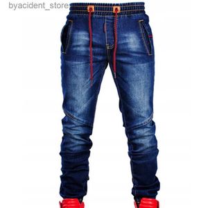 Herrenjeans Neue große Jeans für Herren, elastische Taille, Krawatte, schmal, lässig, klassisch, blau, locker, dehnbar, verbindbar, modisch, schlicht, Denim-Hosen L240313