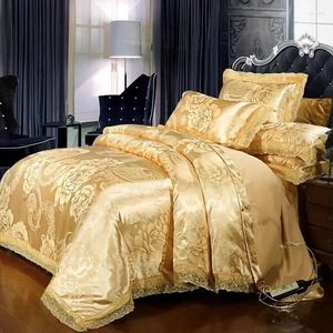 Conjuntos de cama High-end Europeu Cetim Jacquard Quatro peças Lace Duvet Cover Sheet Double Set