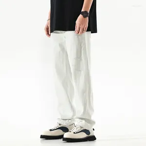 Мужские джинсы в стиле ретро с рифлением, белые мужские повседневные свободные мешковатые джинсовые брюки, уличная одежда, брюки, одежда