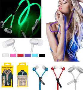 Brilho luminoso luz metal zíper fone de ouvido brilho no escuro zíper fone de ouvido com fio fone de ouvido com caixa de varejo para iphone sams9421188