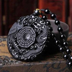 Pendant Necklaces Natural Black Obsidian Hand Carved Chinese Dragon Phoenix Bird Amulet BaGua Necklace For Women Men Luck Mascot Amulet PendantL242313