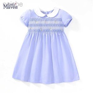 Flickans klänningar Little Maven Kids Clothes Summer Princess Blue Dress for Toddler Barnkläder Embrodery Flowers Cotton LDD240313