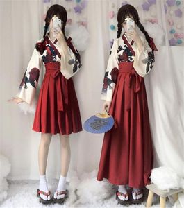 Платье-кимоно в японском стиле для женщин Taisho Girl Haori, модный топ и юбки с цветочным принтом, наряды, азиатская одежда, Camellia love6339415