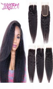 Mongol virgem cabelo humano kinky em linha reta 4x4 fechamento do laço kinky cabelo reto tece cor natural densidade completa de liqueen ha6050300