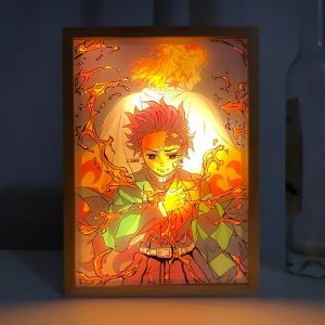 Çerçeve Led Fotoğraf Çerçeve Işık Şeytan Slayer Kyojuro Rengoku Hoom Deco Çerçeve Sanat Tasarımı Gece Lambası Anime Kimetsu Hayır Yaiba