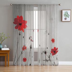 Shutters Youth Bedroom Sheer Curtains Retro Wood Grain Red Poppies Kitchen Study Curtains Living Room Holiday Decor Tulle Curtains