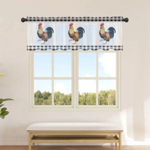 Curtains Farm Rooster Black And White Plaid Short Tulle Half Curtains for Living Room Kitchen Door Cafe Window Sheer Valance Drapes