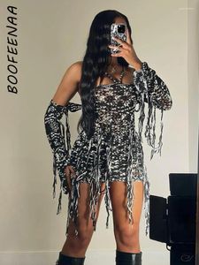 Casual Dresses BOOFEENAA Fransen Strickpullover Kleid 2 Stück Set Streetwear Frauen 2024 Mode Sexy Langarm Backless Mini C85-FE35