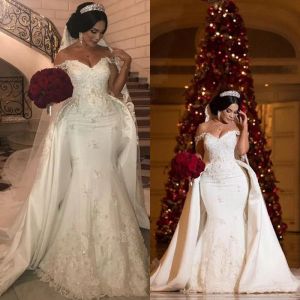 African Elegant Beaded Lace Dresses With Detachable Train Off Shoulder Mermaid Bridal Gowns Applique Ivory Satin Wedding Dress