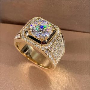14k Gold Solitaire Man 2CT Lab Zircon Ring Silver Color SMEEXCHREGITY Wedding Band Rings for Men Gift 240220
