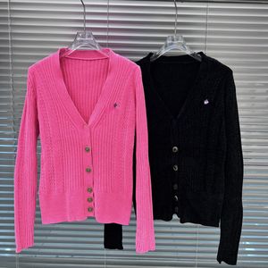 Cardigan lavorato a maglia con ricamo in velluto corallo, scollo a V alla moda con top rosa monopetto lavorato a maglia