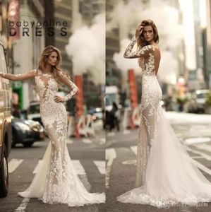 Vintage manga longa Berta Lace Sereia Vestidos de casamento Sexy Sheer Appliqued vestido de noiva ver através Backless Bridal Gowns32325816955038