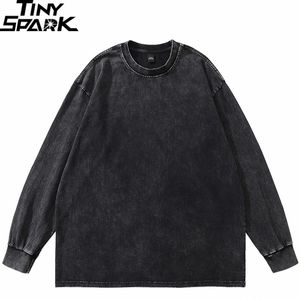 Hiphop streetwear tvättad svart vanlig t-shirt vintage harajuku t-shirt höst män bomull långärmad tshirt fast färg 240313