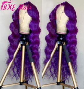 Long Body Wave Purple Brasiliansk hår spets frontala peruk sidodel syntetiska spetsar främre peruker för kvinnor värmebeständiga glueless wig1765260