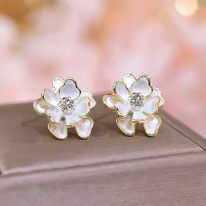 Stud Earrings Trendy Exquisite 14k Real Gold Plated Enamel Flowers For Women Girl Jewelry Zirconia S925 Silver Needle Gift