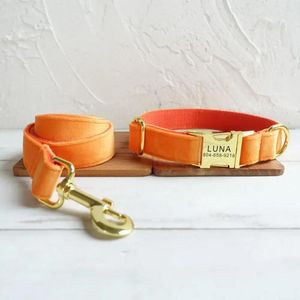 Dog Collars Personalized Collar Custom Pet Free Engraving ID Name Tag Accessory Orange Thick Velvet Puppy Leash