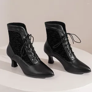 Boots Lace-up Women Ankle Middle Heels Fashion Lace Pointed Toe Autumn Winter Shoes Black Red White Short Booties WSH4927